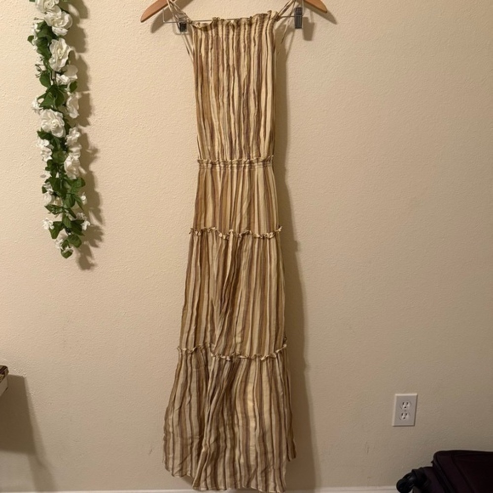 Ulla Johnson Cotton Pinstripe Beige Giulietta Halter Tiered Maxi Sun Dress - Picture 2 of 16